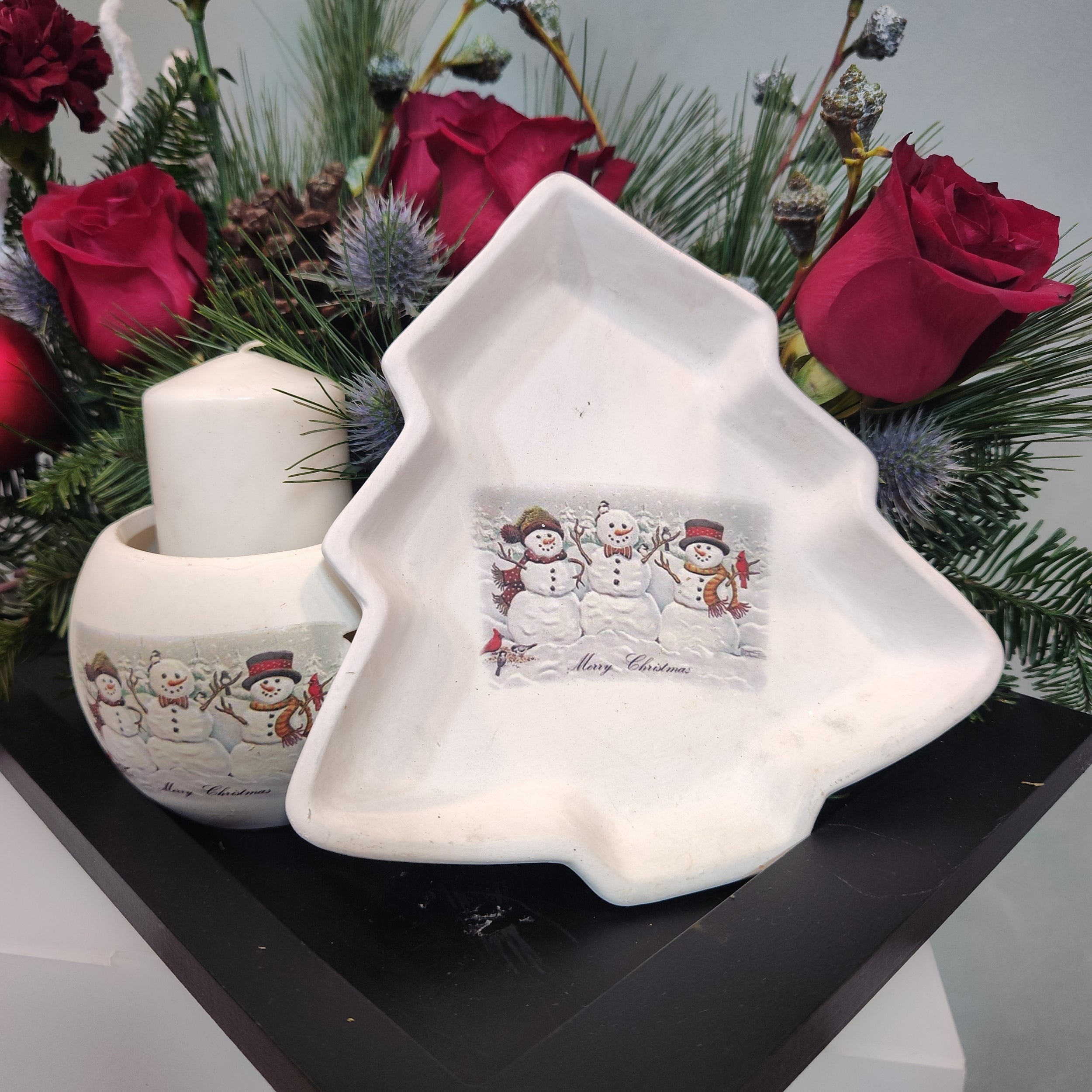 Red Rose & Winter Pine  Christmas Tray Arrangement