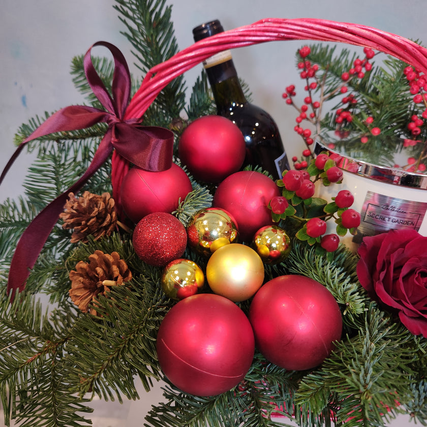 Classic Red Basket with  snow Candle Gift