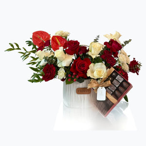 Red & Ivory Roses Romance Handle Arrangement