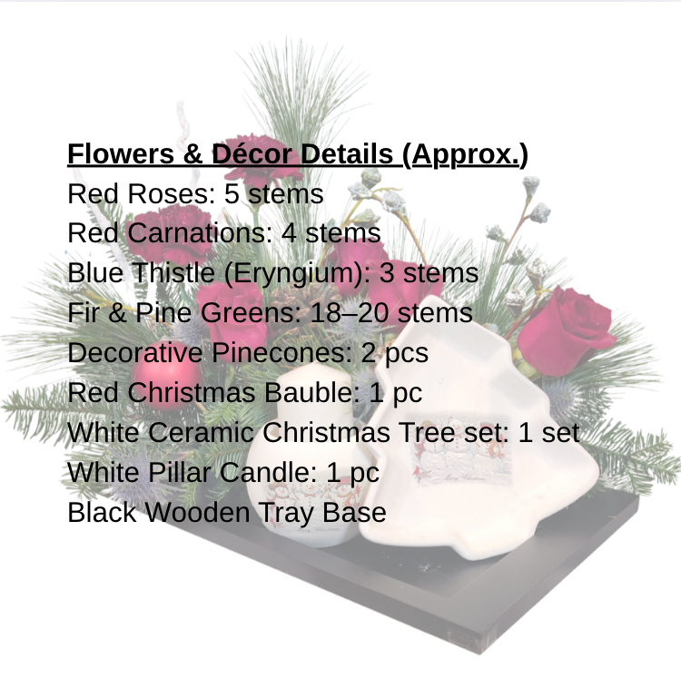 Red Rose & Winter Pine  Christmas Tray Arrangement